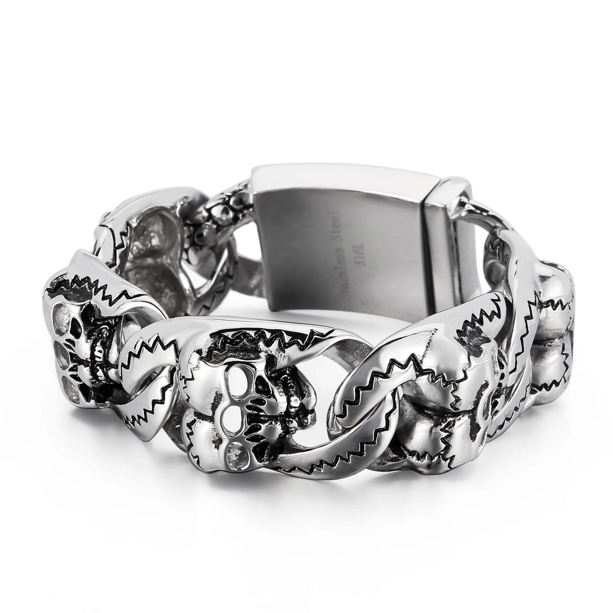 VIKING Mens Punk Skeleton Chunky Cuban Chain Link Bracelet – Silver Stainless Steel