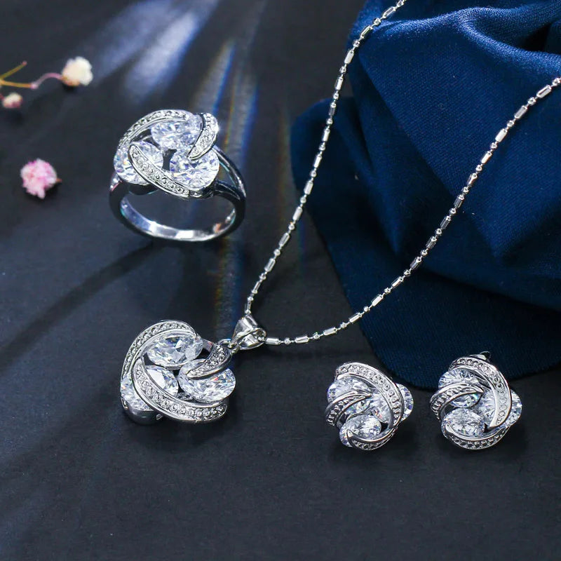 3pcs Geometric Multi Color Cubic Zirconia Crystal Cute Pendant Chian Necklace Earring and Finger Rings Jewelry Sets for Female