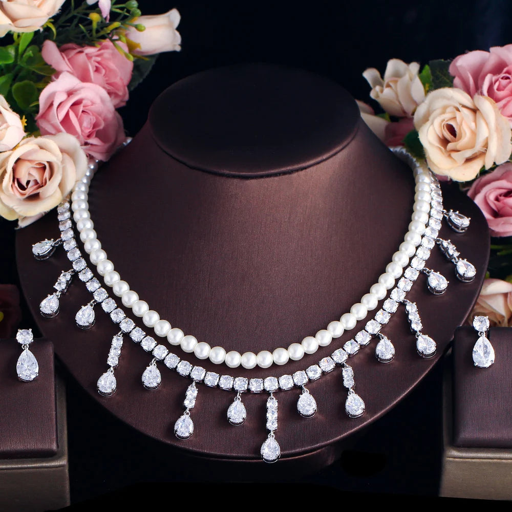 Gorgeous Tassel Necklace and Earrings Cubic Zirconia Imitation Pearl Wedding Bridal Luxury Jewelry Set for Women