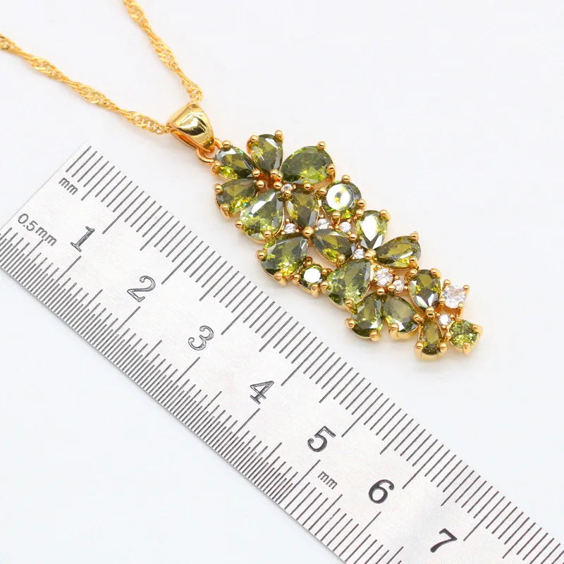 XOTICA Luxury Green Peridot Gold Jewellery Set Yellow Gold Necklace Earrings Pendant for Wedding Engagement Christmas Birthday Gift