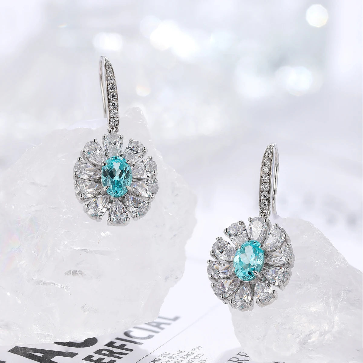 ArtistA Luxury Style Halo Oval Cut Flower Shape S925 Sterling Silver Jewelry Paraiba Gemstone Dangle Earring
