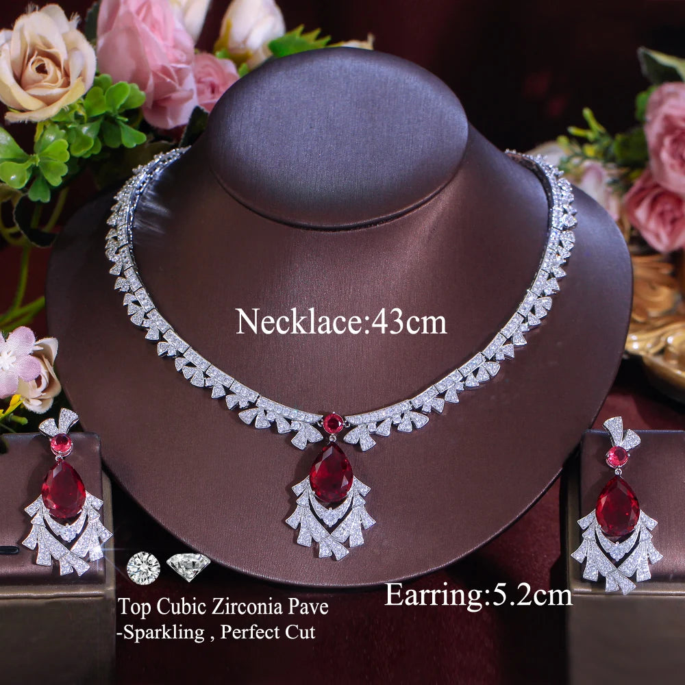 Gorgeous Cubic Zirconia Red Necklace and  Earrings Bridal Banquet Jewelry Set for Women Party Engagement Luxury Jewelry