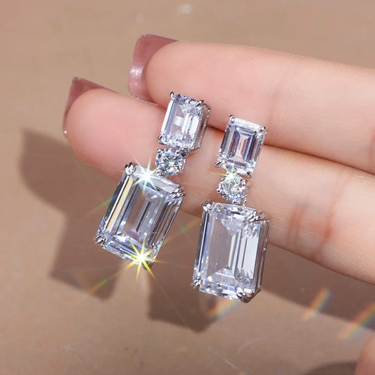 Messi Jewelry MSE-604 925 Silver High Carbon Diamond CZ White Emerald  Cut Earrings Fine Jewelry Earrings for Dating or Wedding
