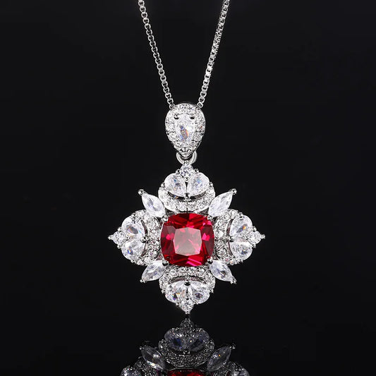 Gemfiori European and American Zircon Necklace Earrings Retro Red Zircon Pendant Light Luxury Ring Accessory Set