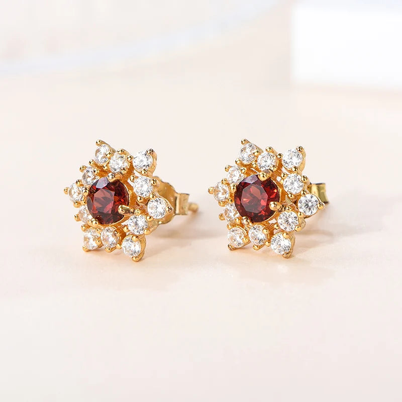Gioiellieri Genuine Natural Garnet Brilliant Cut Women's Stud Earrings 18K Gold Plated 925 Sterling Silver Setting Hypoallergenic Gift Party