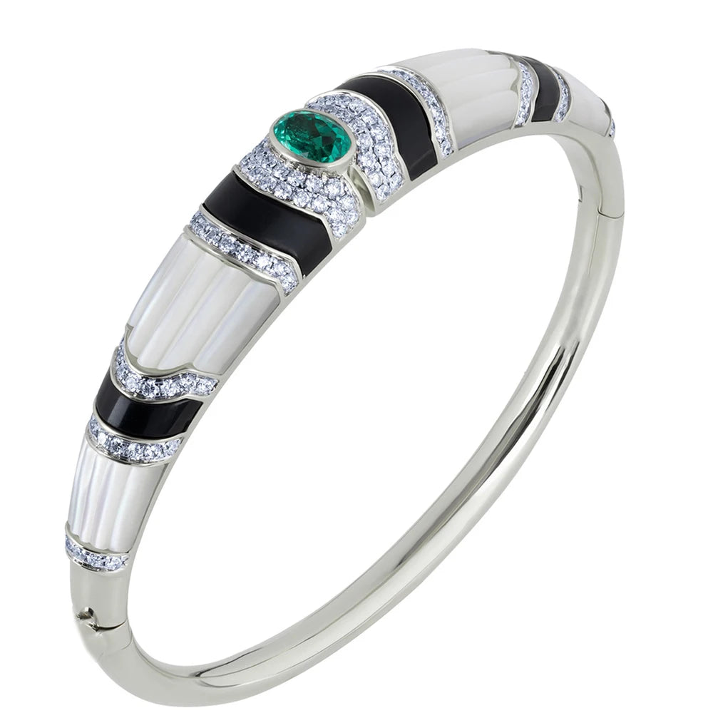 MUSHAN Jewelry Factory 925 Sterling Silver Bangle Luxury Bracelets Muzu Green Black Onyx and High Carbon Diamond Enamel Bangles