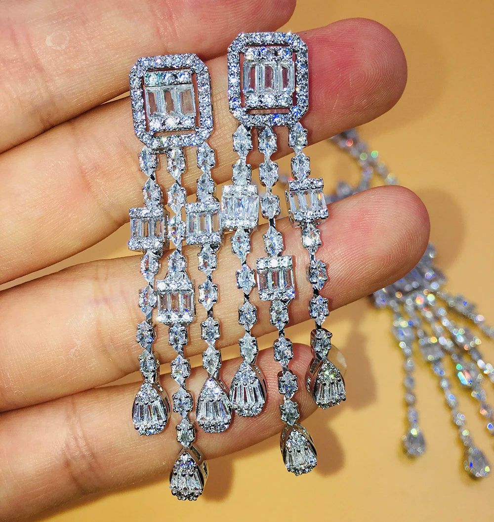 Luxury Full-Paved Radiant-Cut Zirconia Double-Layer Long Tassel Pendant Necklace & Earrings Set — Rhodium Plated