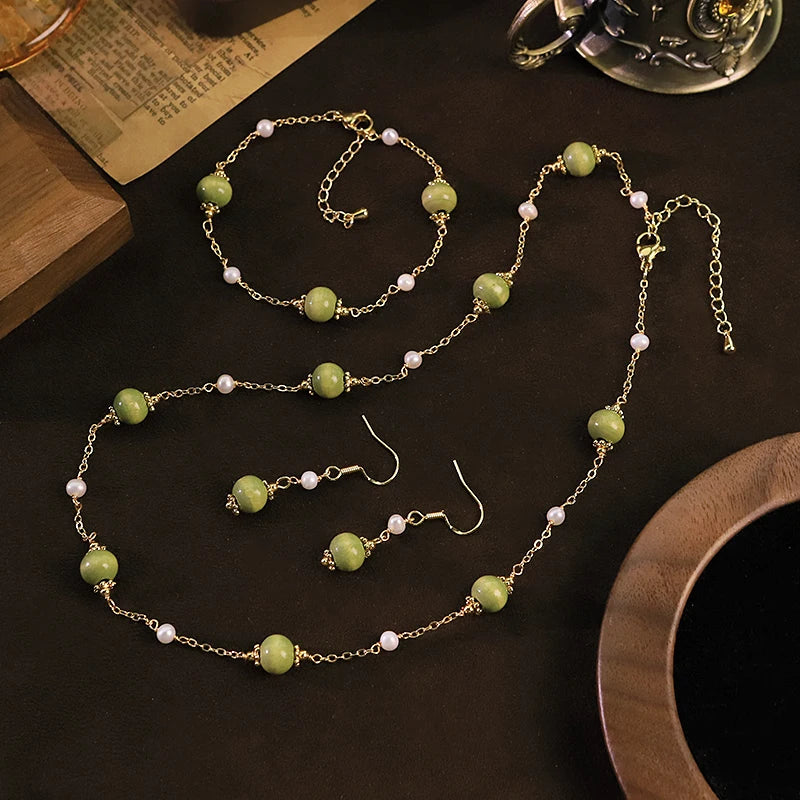 GLSEEVO Natural Freshwater Pearl & Olive Green Wood Bead 3-Piece Jewellery Set — Necklace, Bracelet & Earrings