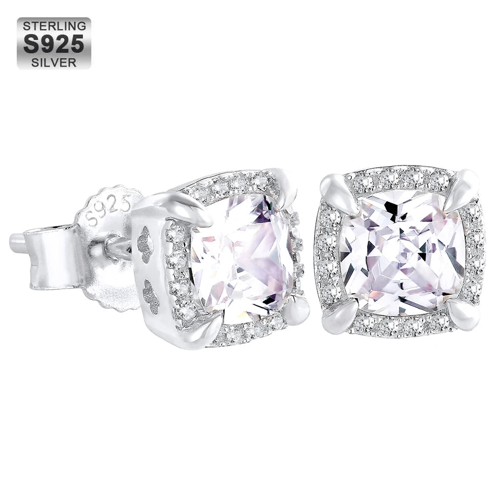 REDheart 7mm Blue Men Earrings 14K White Gold Plated 925 Sterling Silver Square Cubic Zirconia Simulated Diamond Halo Stud Earrings
