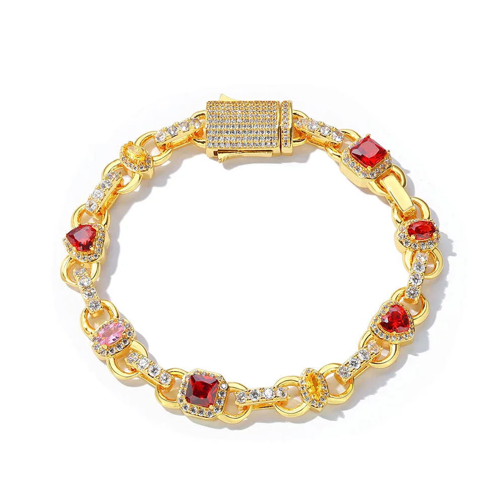 S&S NUOYA Hip Hop Jewelry 18K Gold Plated Gemstone Chain Bracelet Womens Heart Shape Red Zircon Geometric Design Link Chain for Gift