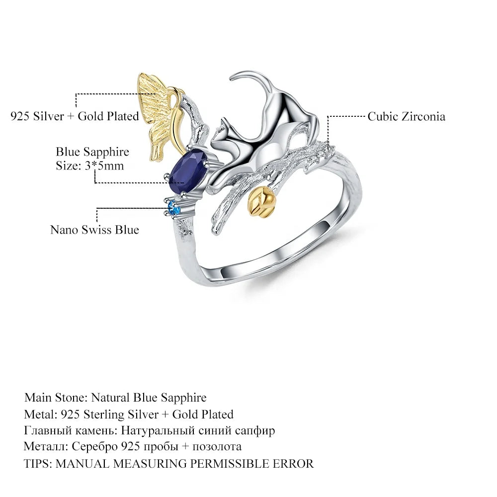 ArtistA Abiding OEM Jewelry Set 925 Sterling Silver Ring Earring Necklace Gemstone Sapphire Cat & Butterfly Women Jewelry Set
