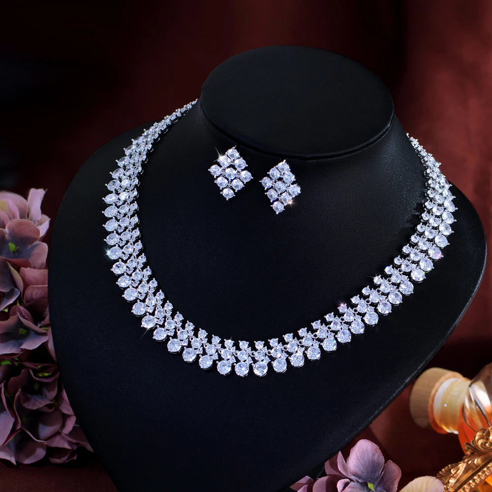 Super Luxury African Middle East Cubic Zircon Wedding Big Necklace and Earrings Bridal Jewelry Sets for Women Dress Accessories