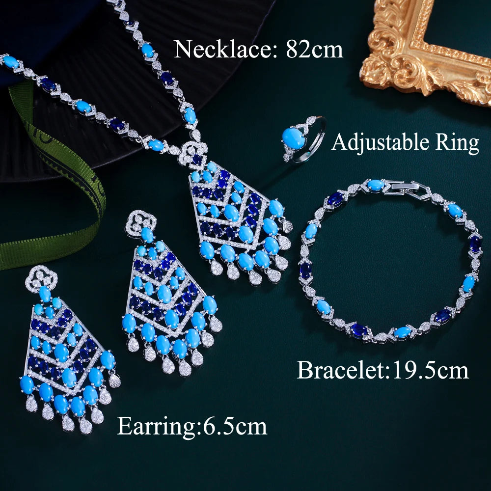 4pcs Middle East Style Zircon Long Blue Turquoise Necklace Earrings Bridal Jewelry Set for Women Wedding Party Dress Accessories