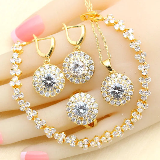 White Zirconia 18K Gold Plated Alloy Sets for Women Earrings Necklace Pendant Ring Bracelet Wedding Engagement Party Gift