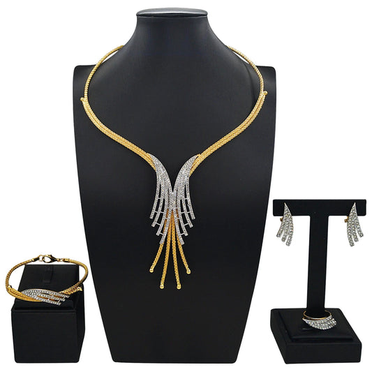 Zhuerrui Elegant Gold Plated Tassel Jewelry Set Rhinestones Women Necklace Earrings Bracelet Ring Set Evening Dress X0011330