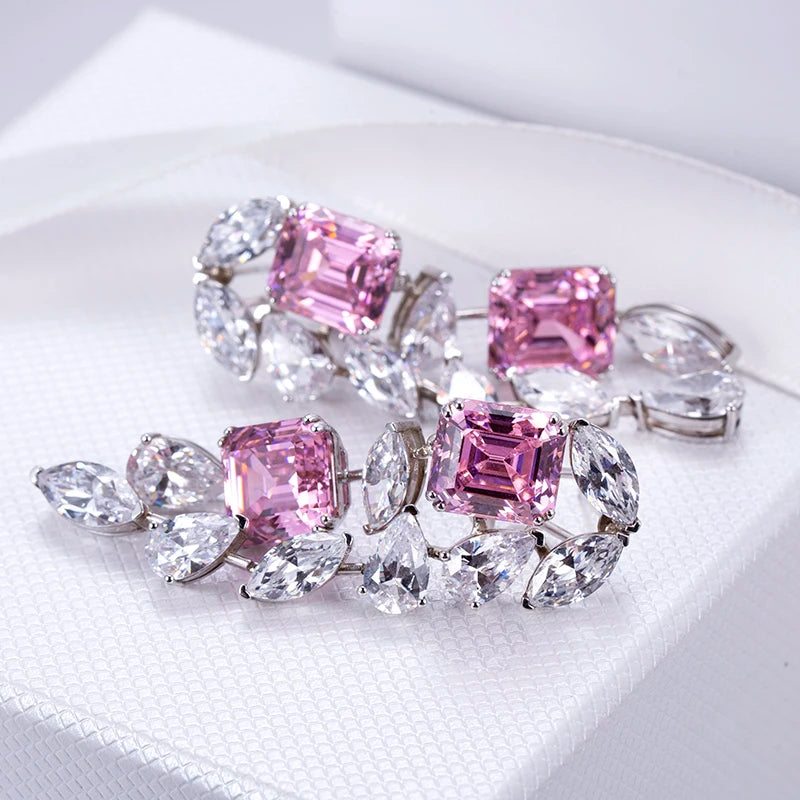 Messi Jewelry MSE-602 Silver Fancy Pink Asscher  Pear  Marquise High Carbon Diamond Cubic Zirconia Fancy Earings