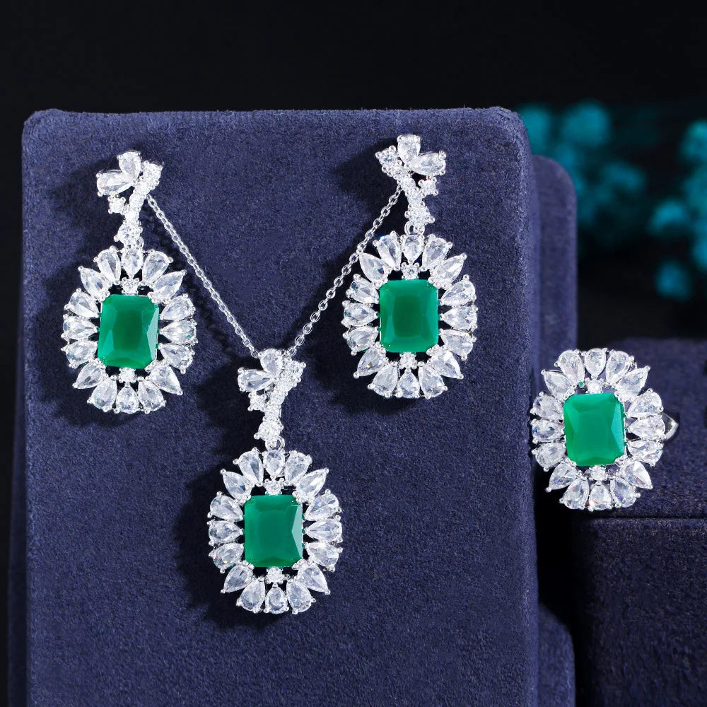 S&S Oval CZ 3-Piece Jewellery Set – Necklace, Earrings & Ring – 7 Colours – Collection