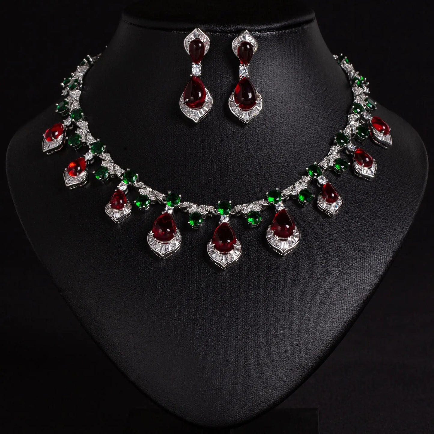 Luxury Full Pavé Colourful Zirconia Geometric Necklace & Earrings Bridal Set — Red, Green & White
