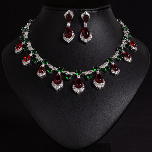 Luxury Full Pavé Colourful Zirconia Geometric Necklace & Earrings Bridal Set — Red, Green & White