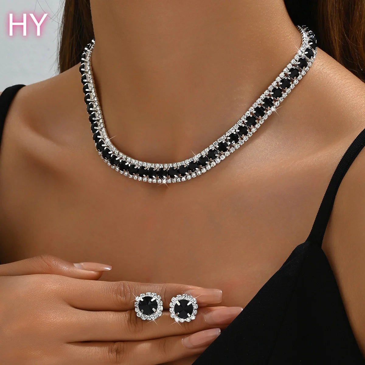 HY Necklace and Earrings Set Green Gemstone Evening Dress Women's Earrings and Necklace Jewelry Set