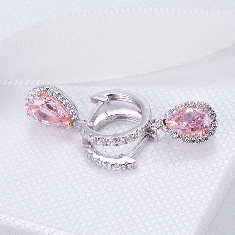 Messi Jewelry MSE-608 100% Real Silver 2Ct Pink High Carbon Cubic Zircon Fine Jewelry Earrings for Dating or Wedding