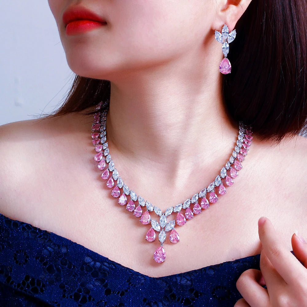 Super Luxury Cubic Zirconia Water Drop Shape Necklace and Earrings Wedding Bridal White Pink Jewelry Set for Women
