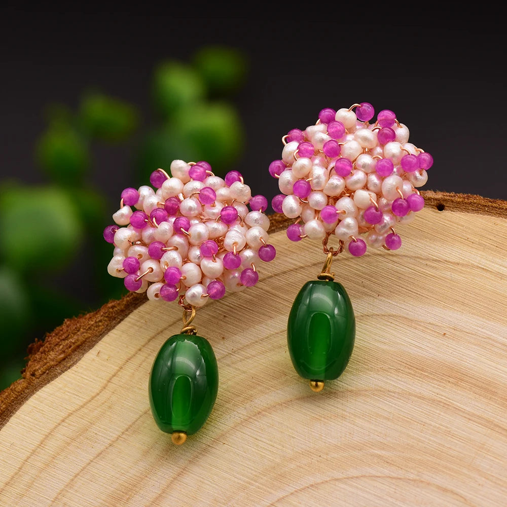 Natural Freshwater Pearl Green Agate Drop Earrings for Women White Pink Beads 925 Sterling Silver Flower Earrings Jewelry