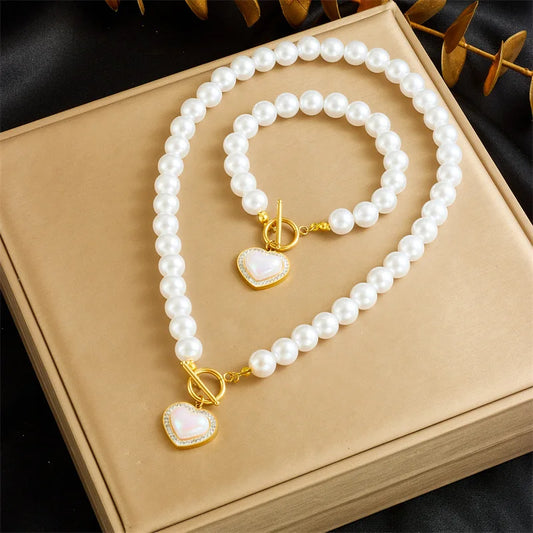Gold Pearl Necklace & Bracelet Jewellery Set | Heart, Starfish & Bow Knot Designs