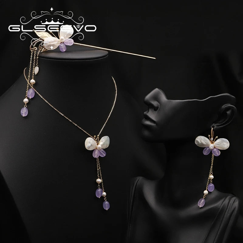 GLSEEVO Amethyst & Shell Butterfly Necklace, Earrings & Hairpin Set — 18K Gold Plated Brass | Vintage Luxury