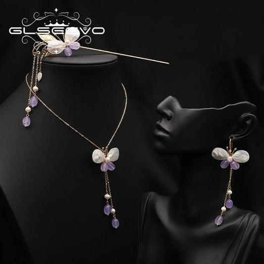 GLSEEVO Amethyst & Shell Butterfly Necklace, Earrings & Hairpin Set — 18K Gold Plated Brass | Vintage Luxury