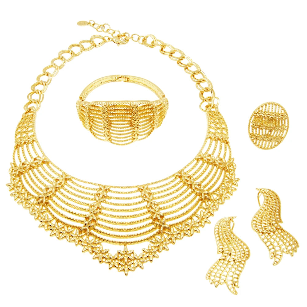Zhuerrui 18k Pleated Personalized Necklace Bracelet Earrings Ring Jewelry Sets Italian Gold Plated Women's Jewelry Set H00533