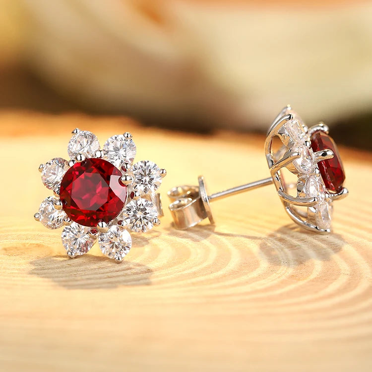 Gemfiori ANSTER Fashion Fine Jewelry 925 Sterling Silver Red Corundum Stone Flower Stud Earrings