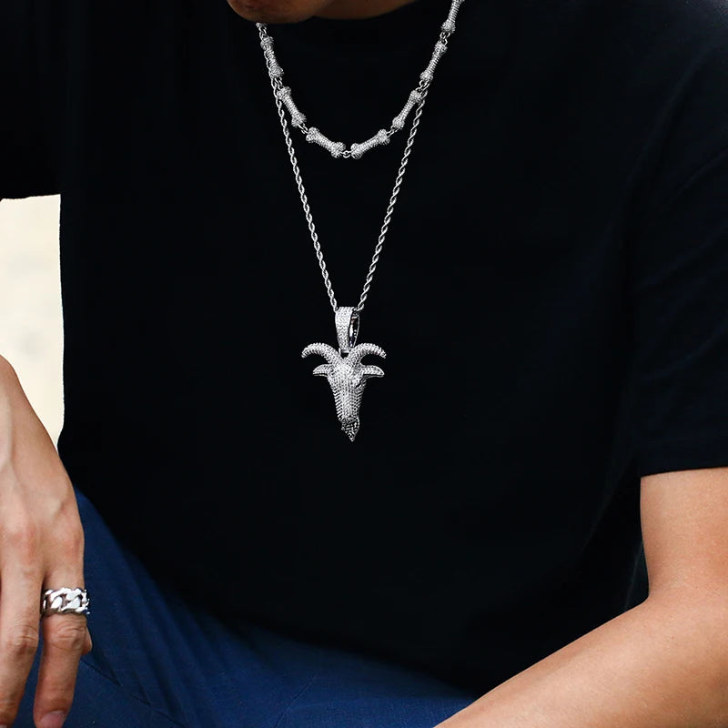 BiG-BOSS Hip Hop Full CZ Diamond Jewelry Gold Plated Brass Goat Head BlingBling Pendant Charms Rope Chain Necklace for Men Women