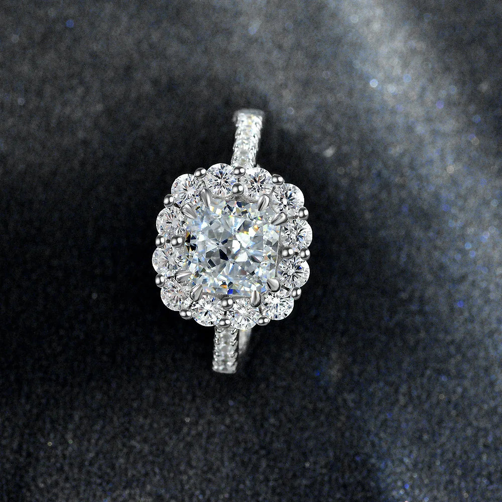 MuShan Jewelry Factory New 1.5ct Pink Ice Flower Cut 7*7 High Carbon Diamond Ring European and American 925 Silver Open Ring