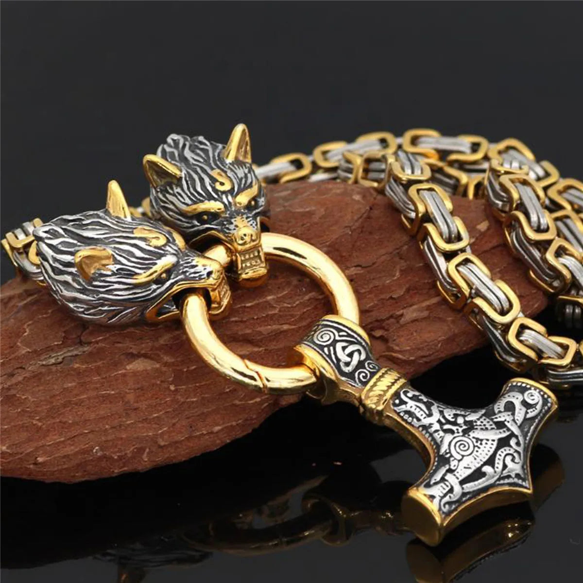 REBEL VIKING Thor Hammer Mjolnir Wolf Head Pendant Necklace – 24" Stainless Steel