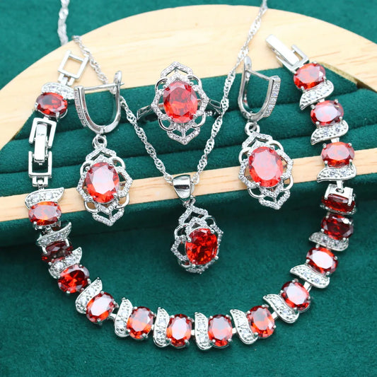 2022 New Red Cubic Zirconia Platinum Plated Classic Wedding Party Jewelry Sets for Women Bracelet Earrings Open Ring Pendant