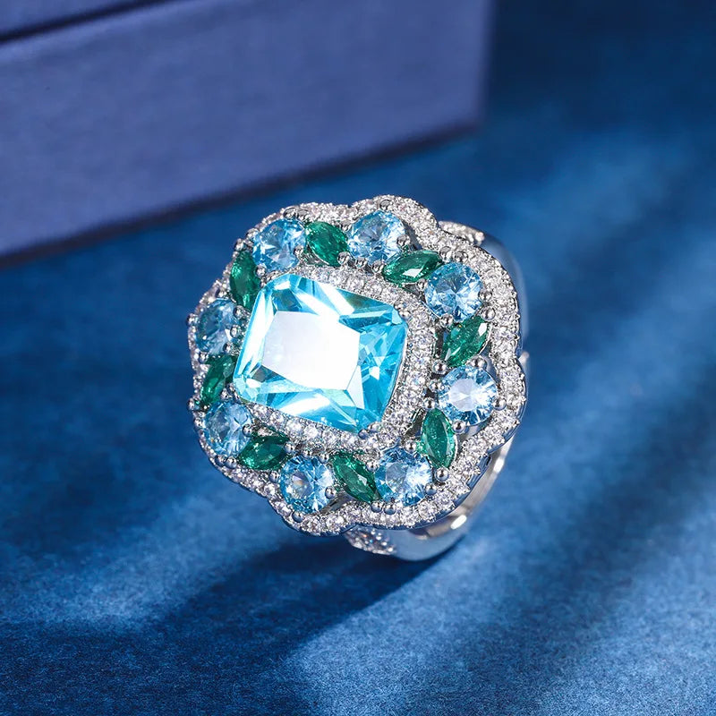 Gemfiori European and American Retro Jewelry Pendant Ring Set Jewelry clear Blue Zircon Fashionable High-end Ring
