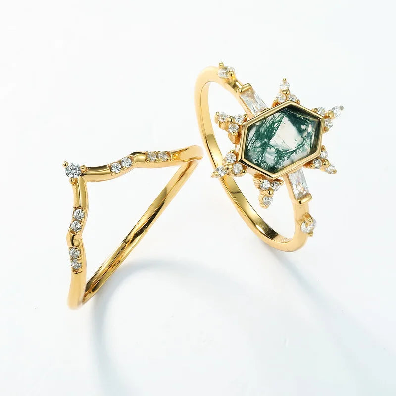Hexagon Cut S925 Sterling Silver Natural Moss Agate Stack Ring Set Baguette Round White Stone Vintage Bridal Jewelry Gift
