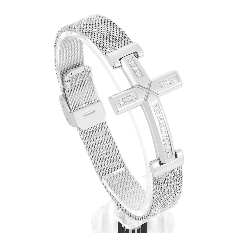 KALEN 230mm Unisex Gold/Silver Color Stainless Steel&Rhinestones Bracelet With Religious Cross Charm