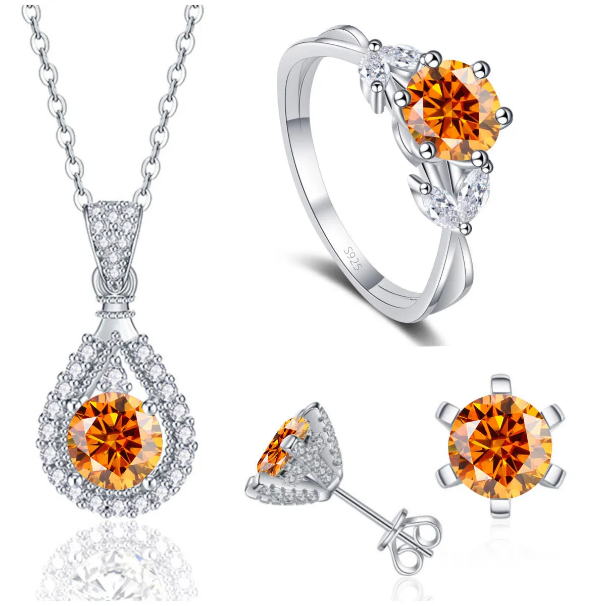 REDheart Fine 925 Sterling Silver Women's Wedding Bridal Jewellery Set Round Cut VVS Colored Moissanite Rings Necklace and Earrings Set