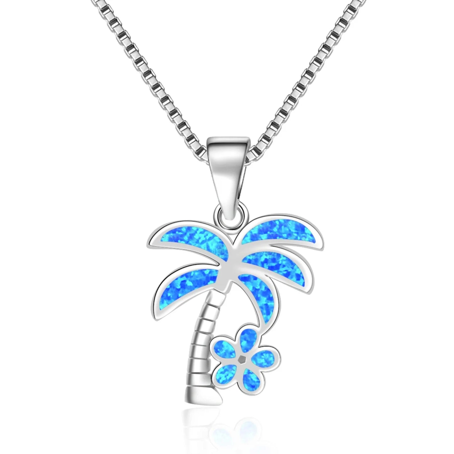 Aobao Wholesale Blue Copper Christian Link Chain Coconut Tree Flower Necklace Pendant Jewelry Inlaid with Opal