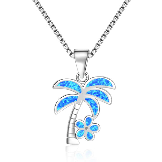 Aobao Wholesale Blue Copper Christian Link Chain Coconut Tree Flower Necklace Pendant Jewelry Inlaid with Opal