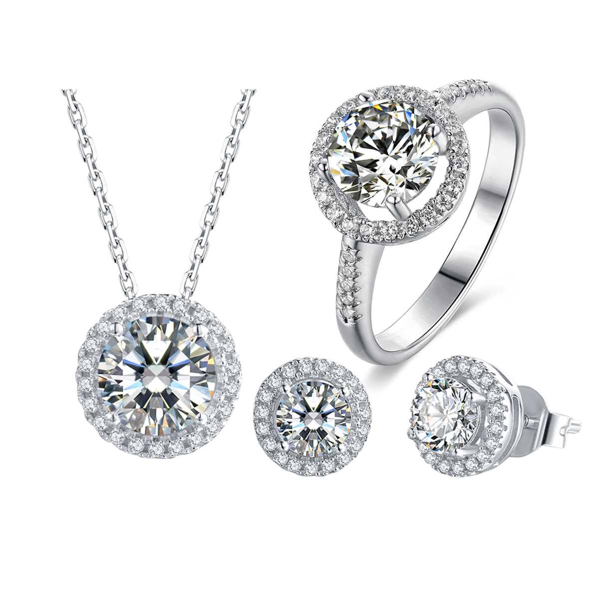 ArtistA Light Luxury S925 Silver Round Brilliant Cut White Moissanite Necklace Ring Earrings Halo Design Jewelry Set for Women