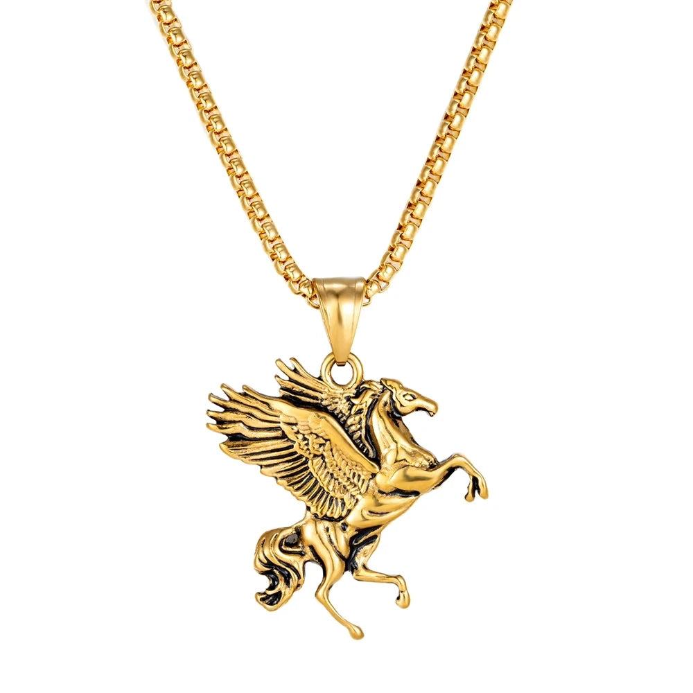 Hip Hop Punk Animal Horse Pegasus Wing Party Feather Stainless Steel Fashion Jewelry Pendant Necklaces for Men Wholesale