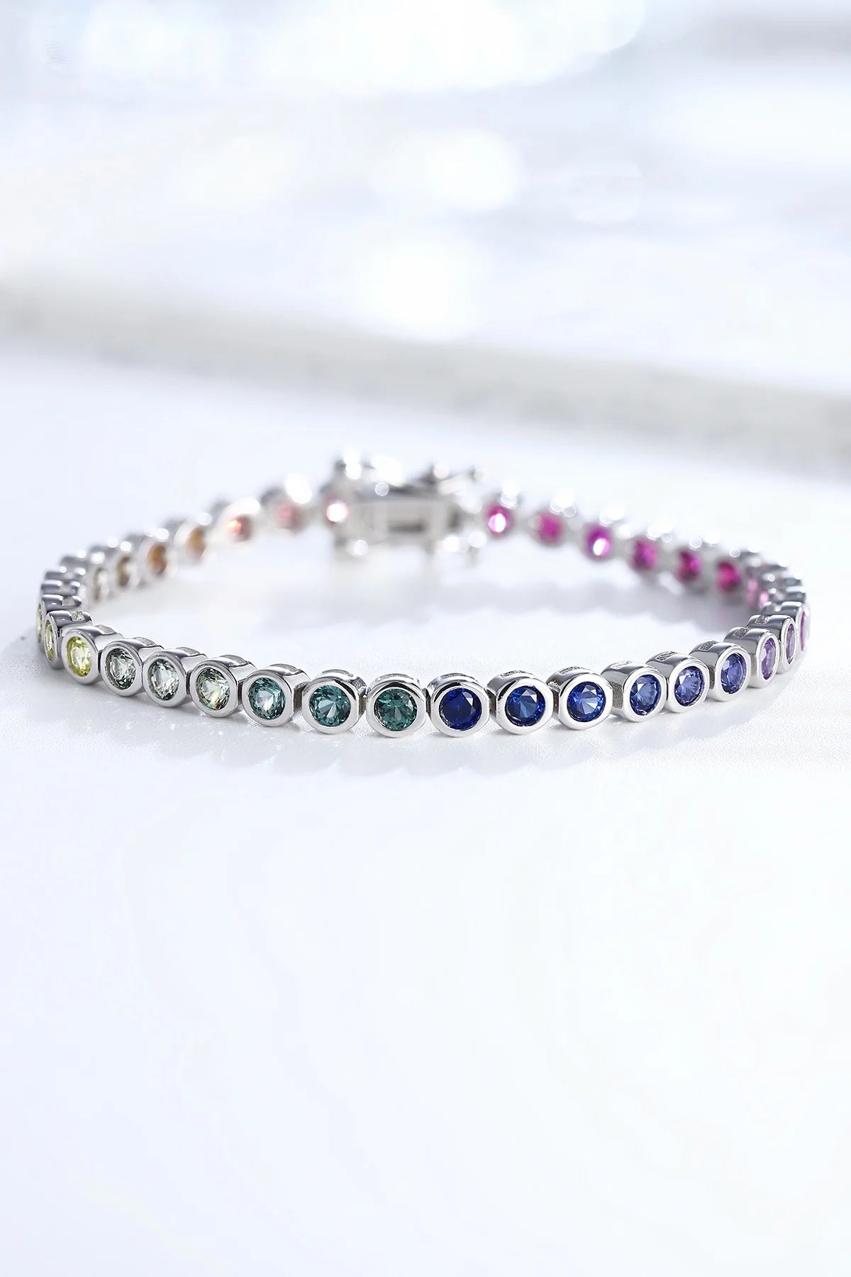 Gemfiori Rainbow Sapphires 3mm Round Tennis Bracelet 925 Sterling Silver Unisex Fashion Jewelry Lab Grown Sapphires Wedding Party