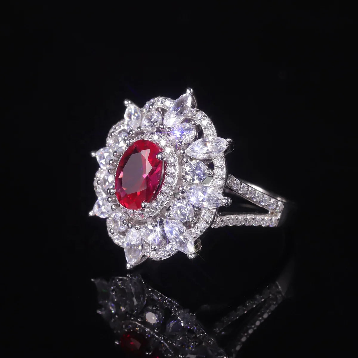 ArtistA AR013 Abiding Luxury Vintage Cubic Zirconia 925 Sterling Silver Ice Cut Lab Grown Ruby White CZ Flower Anniversary Ring