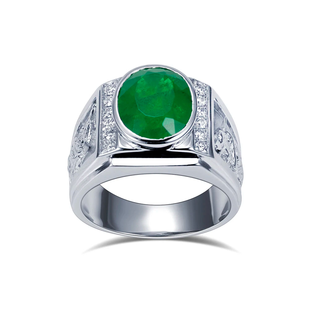 Custom Fine Ring Jewelry MSR-1850 925 Sterling Silver Oval Shape Lab Grown Emerald Ring