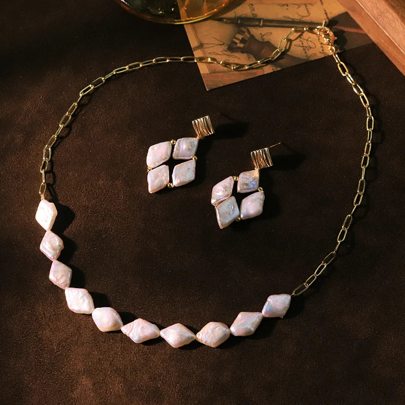 Baroque Natural Pearl Chain Copper Bead Necklace Earring Set Luxurious Design Jewelry Set for Banquet Gift for Women GS0223