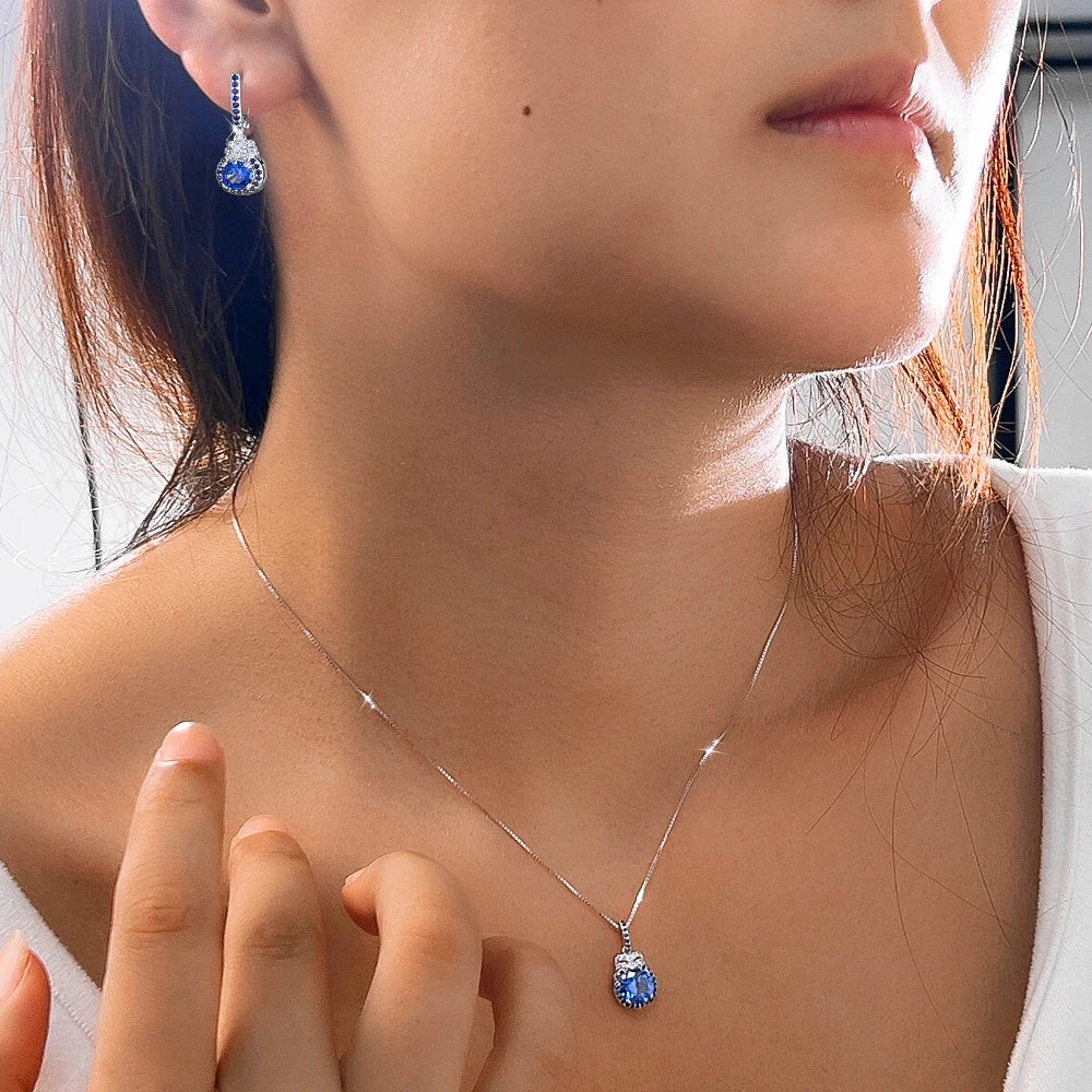 Exquisite S925 Sterling Silver Pendant Earrings CZ and Round Blue Synthetic Tanzanite Stone Jewelry Set for Women Daily Wear