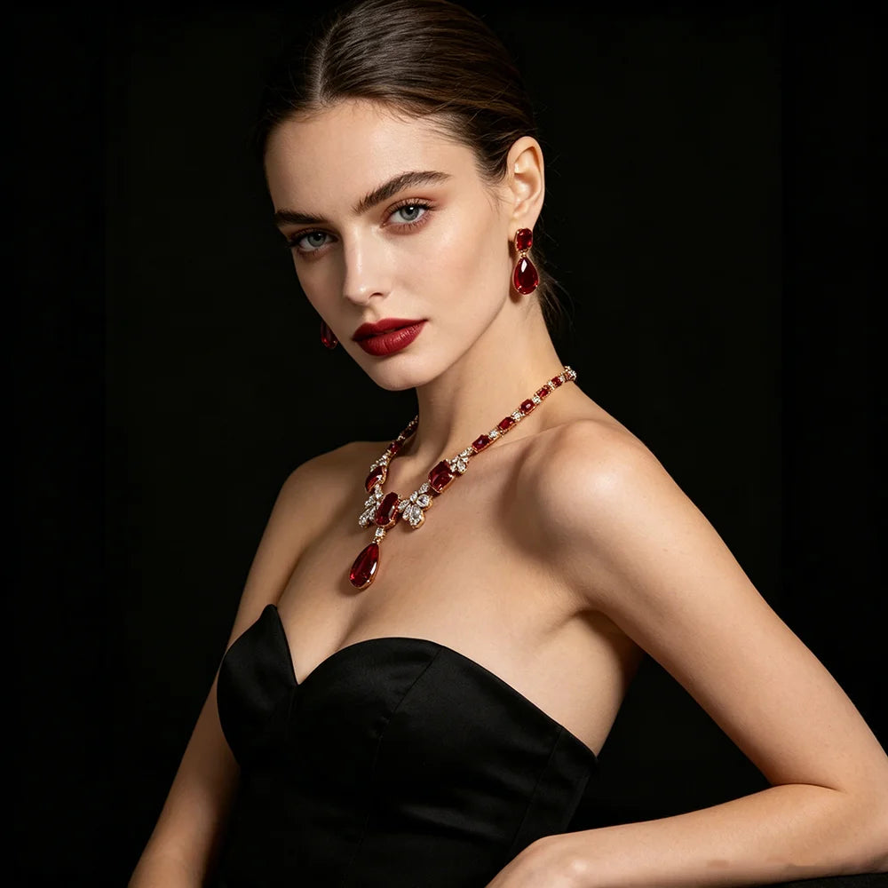 XM S302 Cushion Cut Zircon Teardrop Statement Necklace & Drop Earrings Set